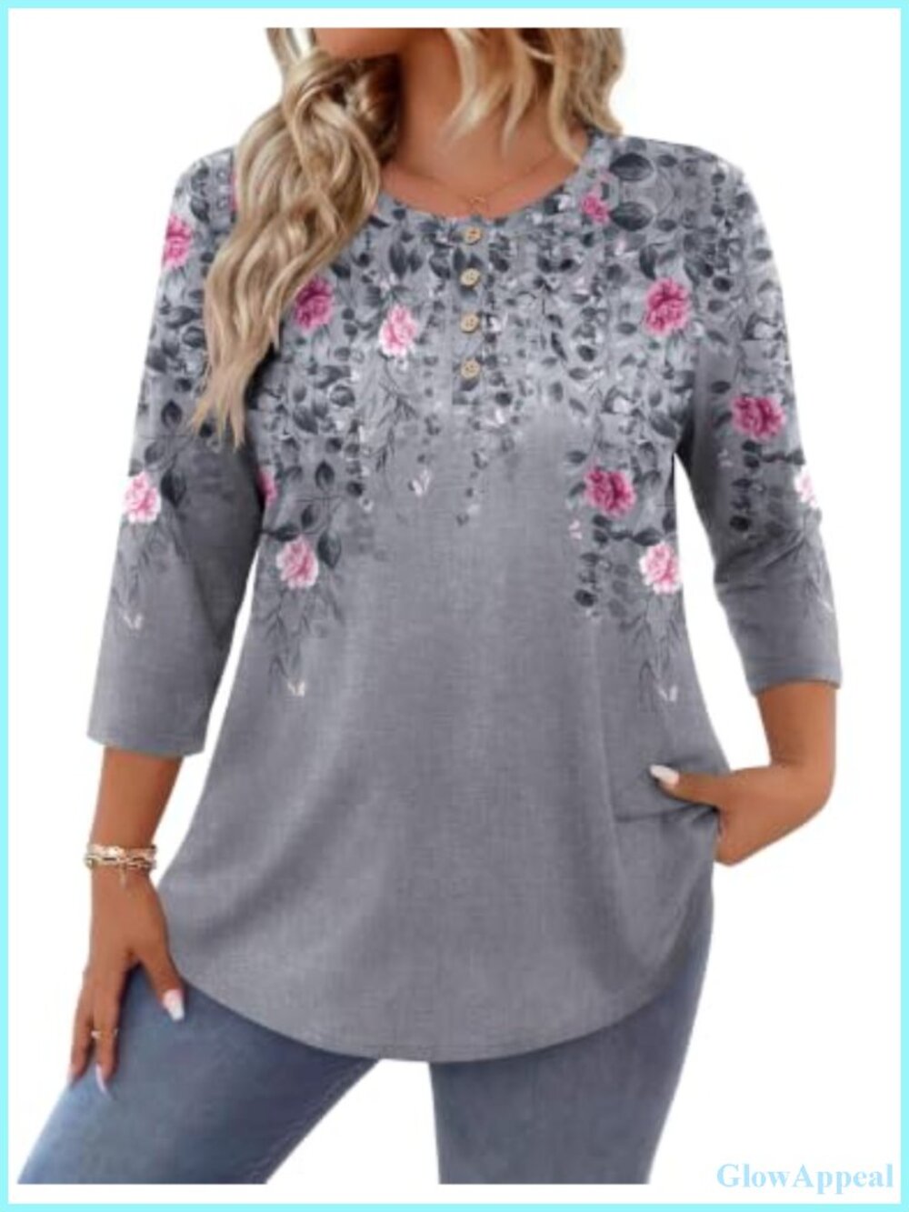 Plus Size Tunic Top 3/4 Sleeve Crew Neck Button Down Blouse